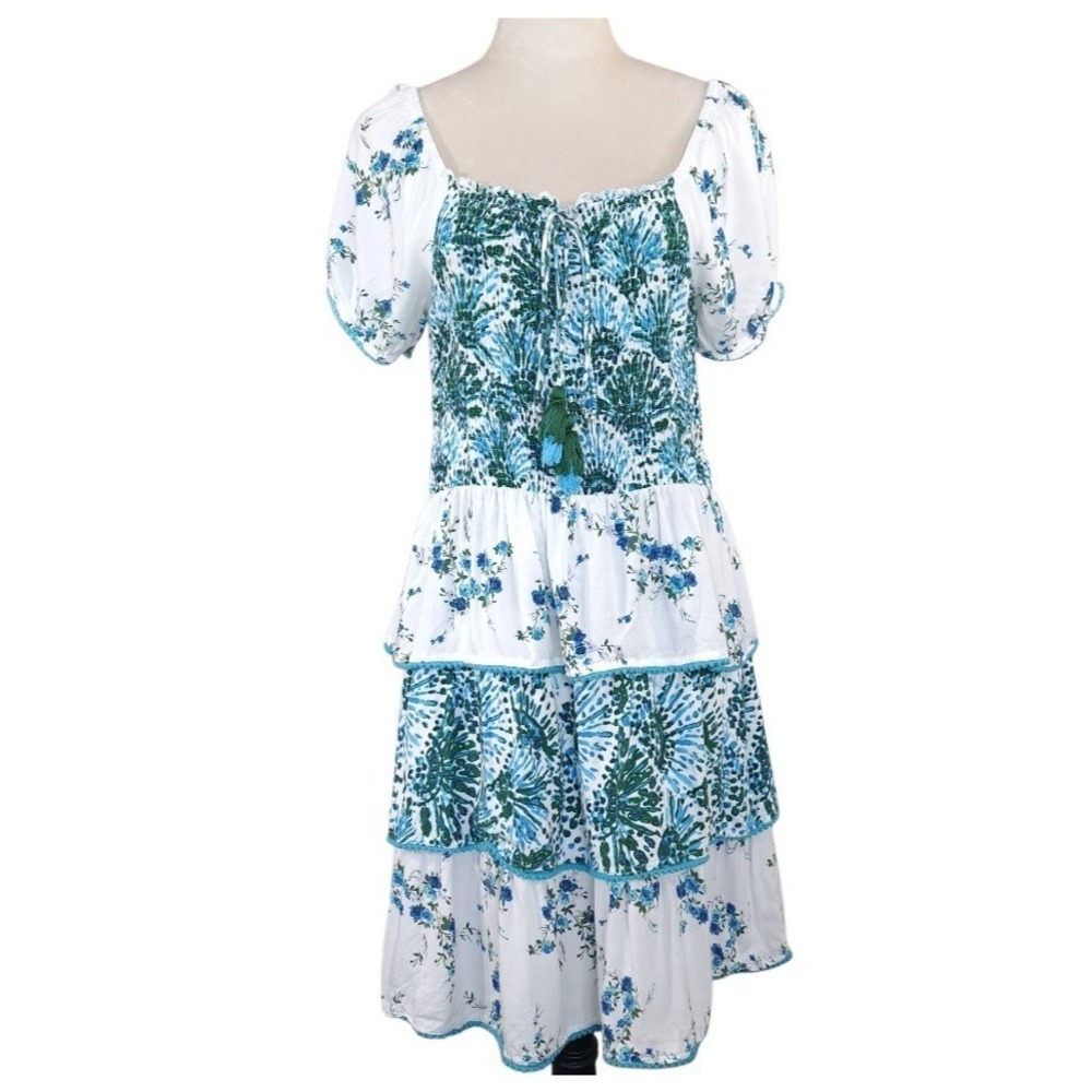 Margaux Riviera Dress M Blue/White Tropical Smocked Tiered Ruffle 100% Viscose